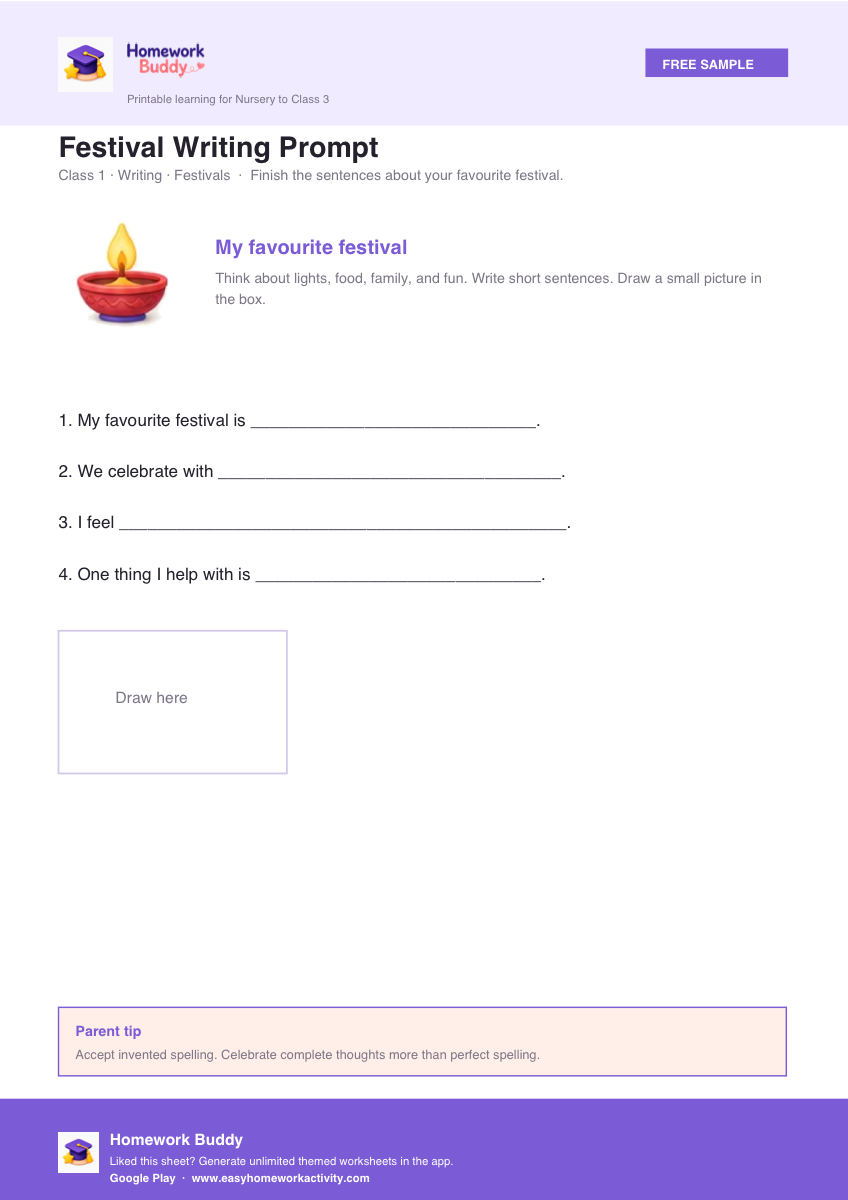 Class 1 festival writing worksheet printable preview