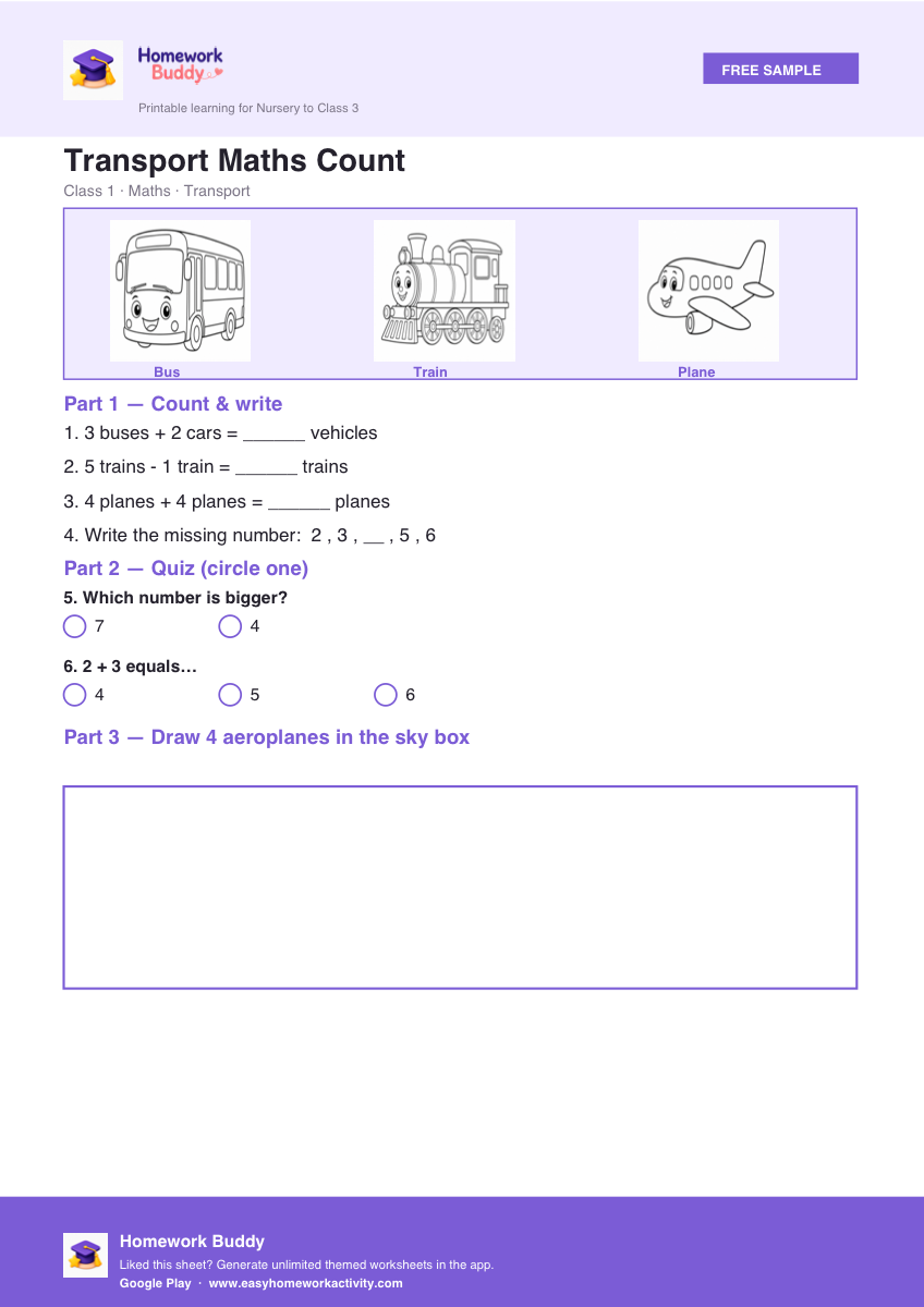 Class 1 transport maths counting worksheet printable preview