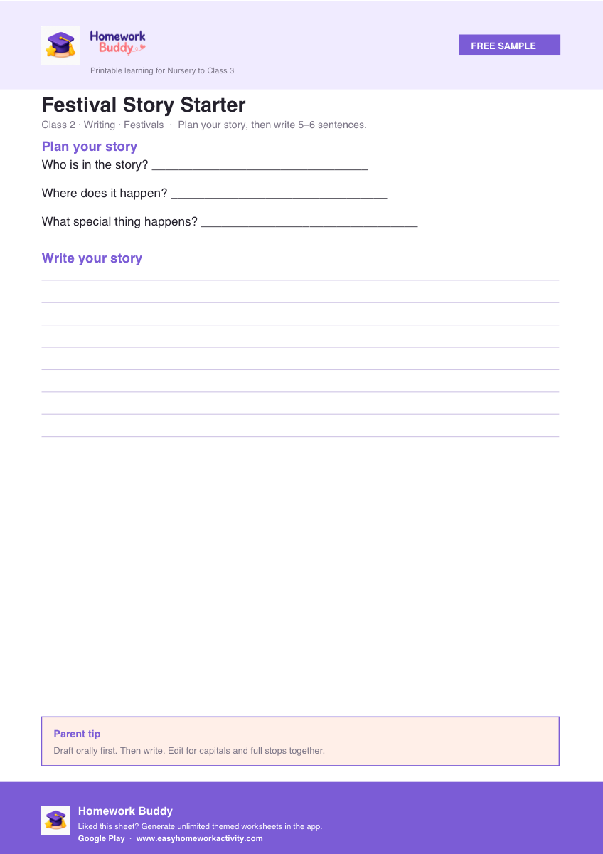 Class 2 festival story writing worksheet printable preview