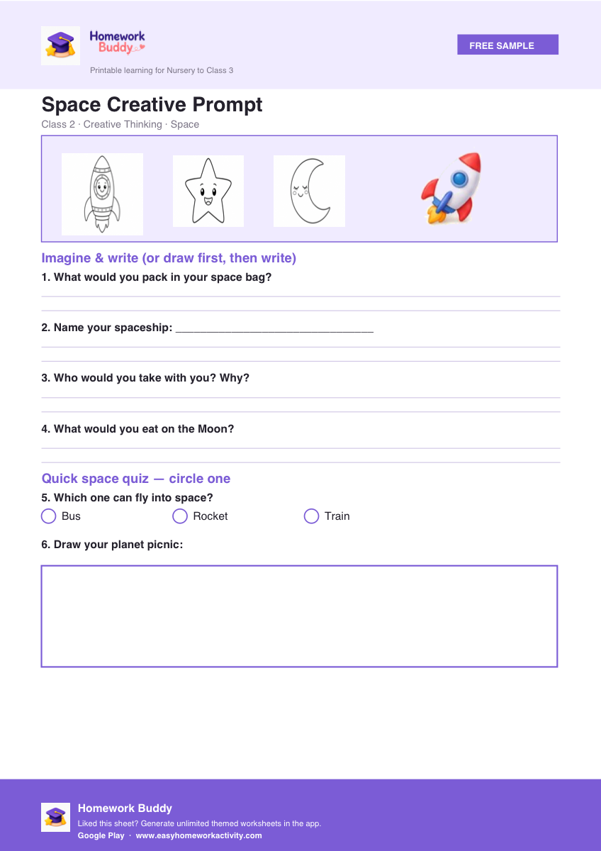 Class 2 space creative thinking worksheet printable preview