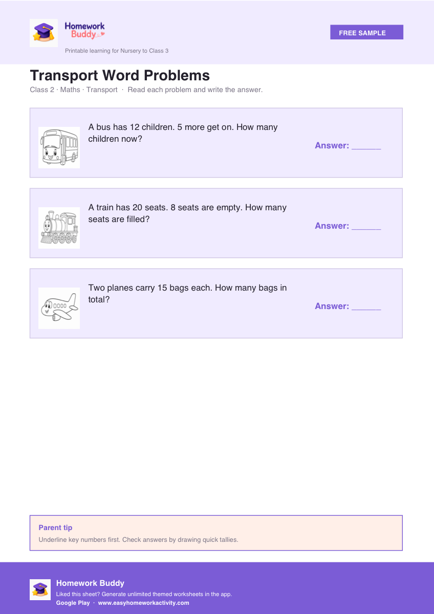 Class 2 transport maths word problems worksheet printable preview