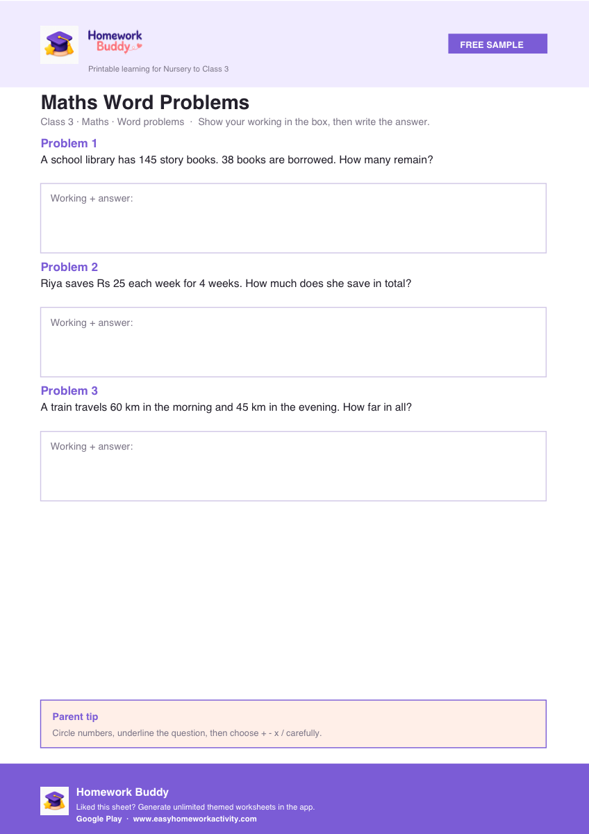 Class 3 maths word problems worksheet printable preview