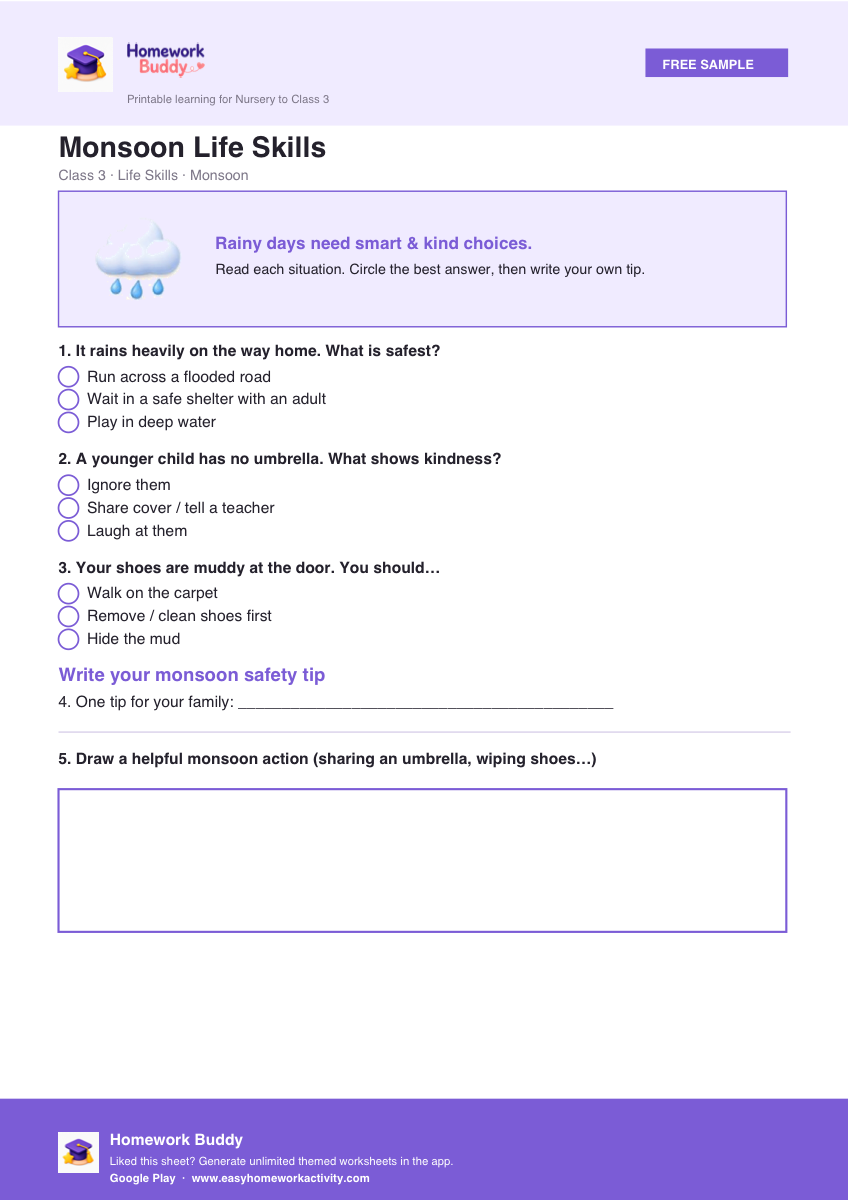 Class 3 monsoon life skills worksheet printable preview