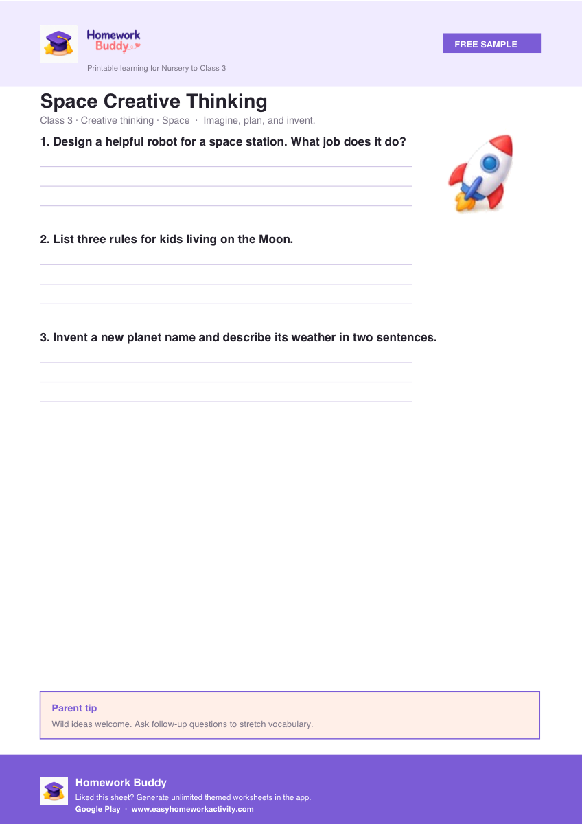 Class 3 space creative thinking worksheet printable preview