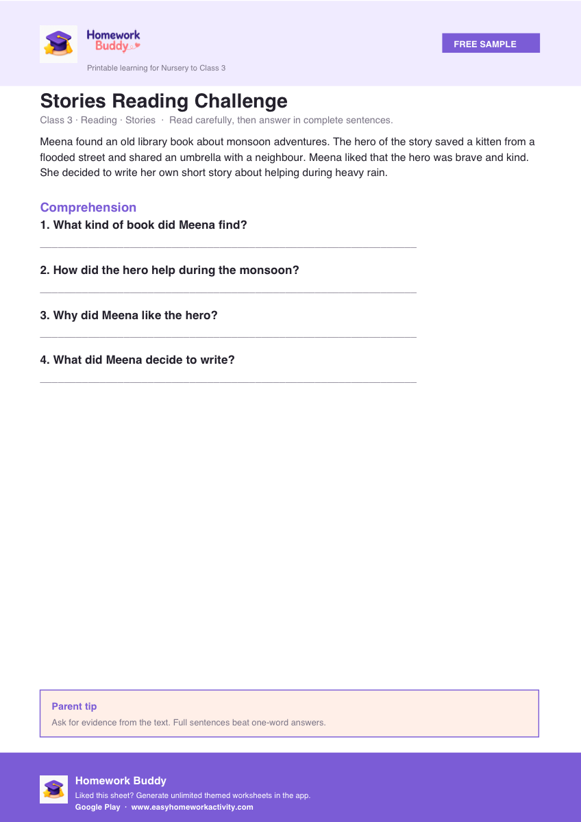 Class 3 stories reading comprehension worksheet printable preview