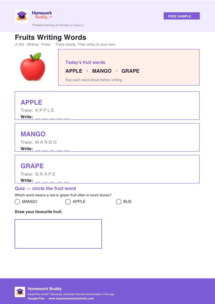 Jr KG fruits writing worksheet printable preview
