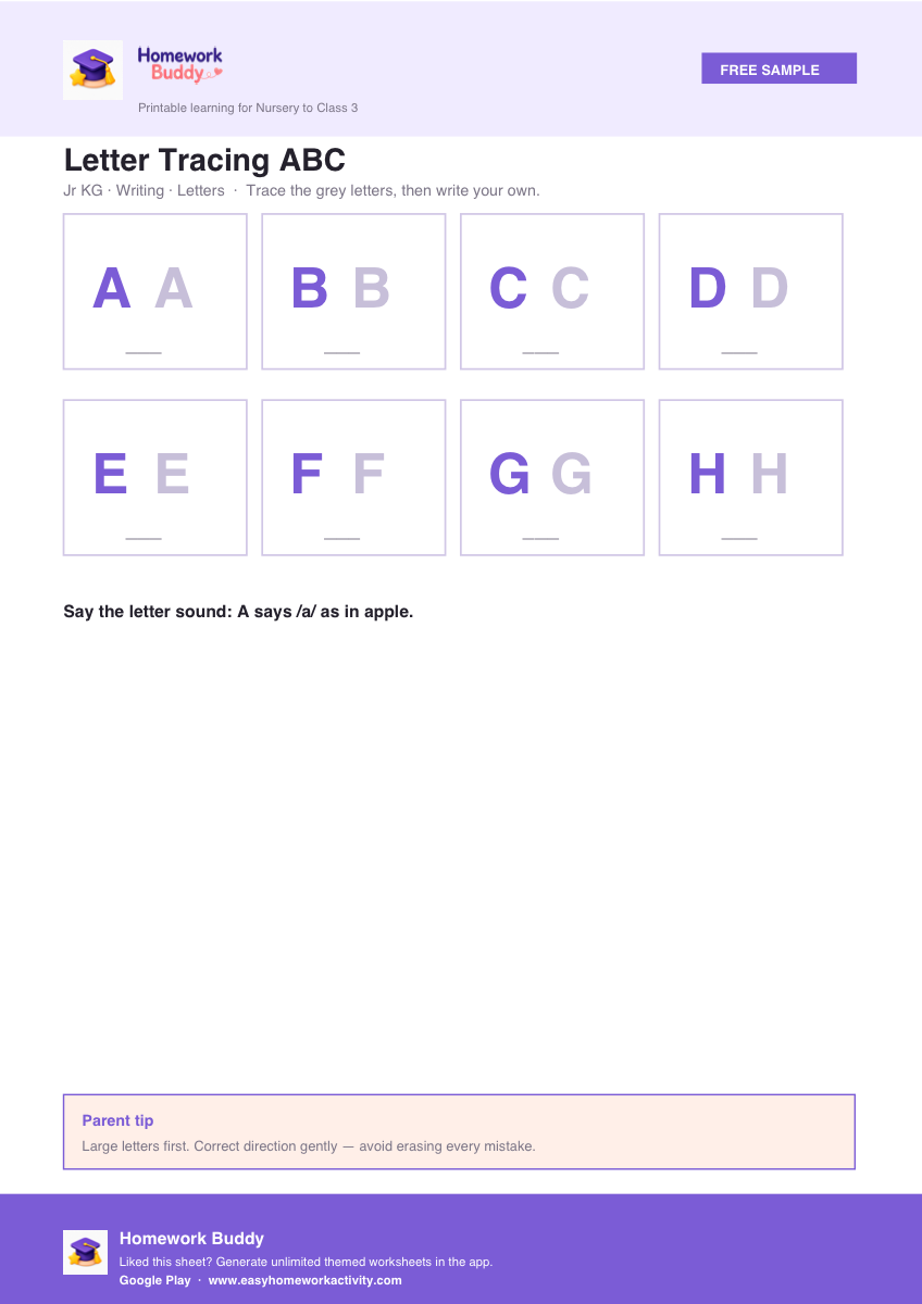 Jr KG letter tracing ABC worksheet printable homework preview