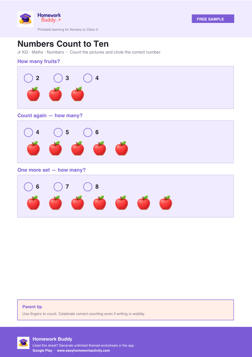 Jr KG numbers counting to ten worksheet printable preview