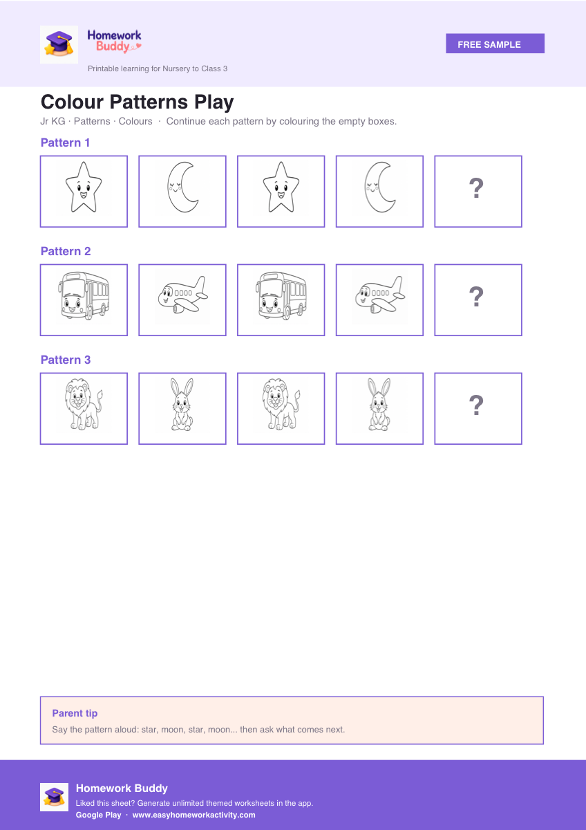 Jr KG colour patterns worksheet printable homework preview