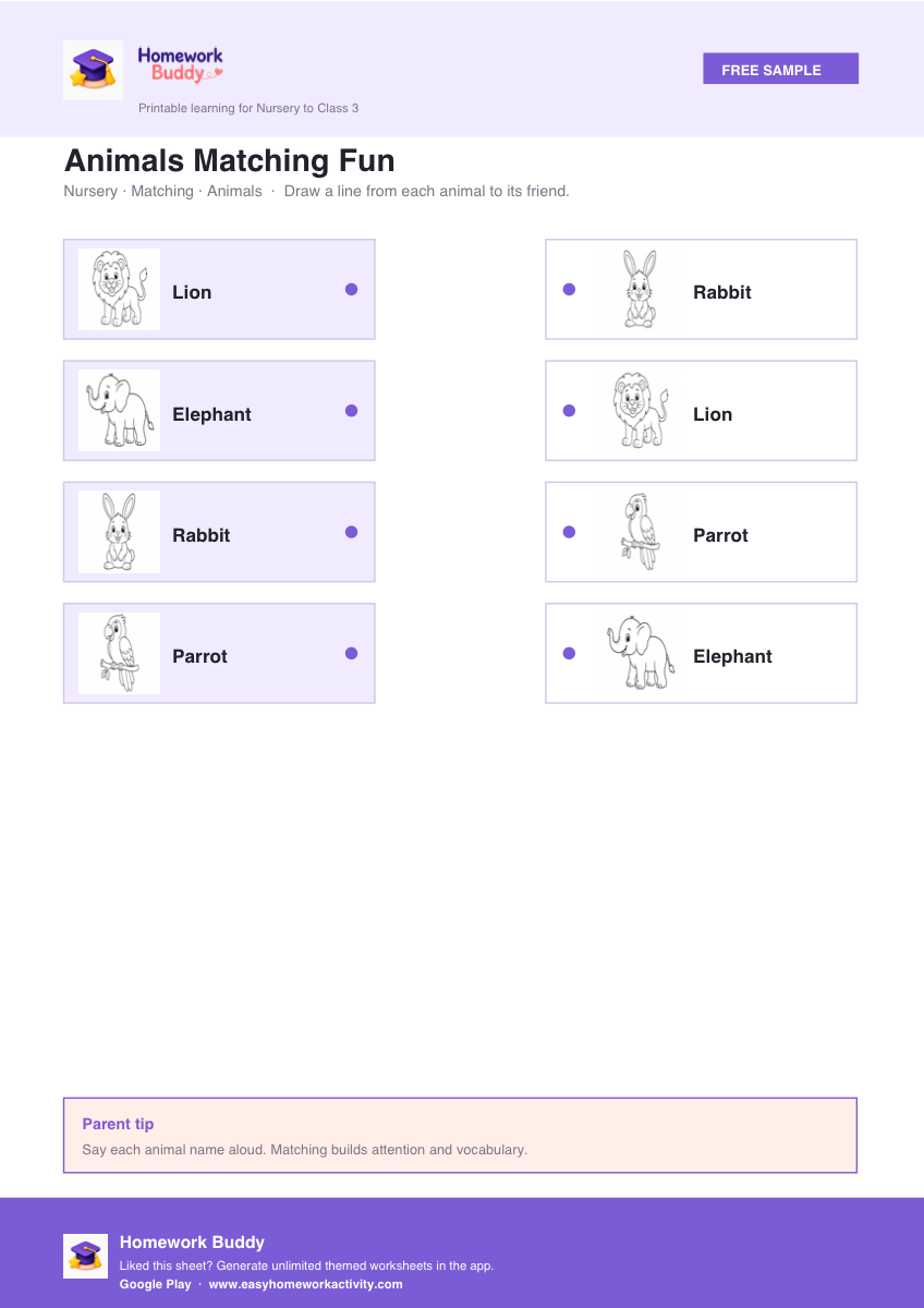 Nursery animals matching homework worksheet printable preview