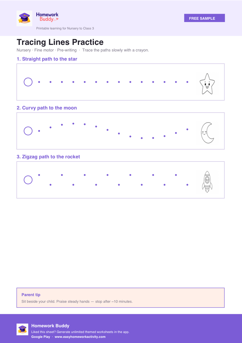 Nursery homework tracing worksheet printable free download preview