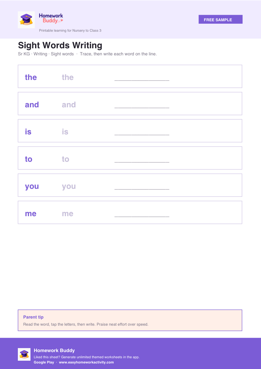 Sr KG sight words writing worksheet printable preview